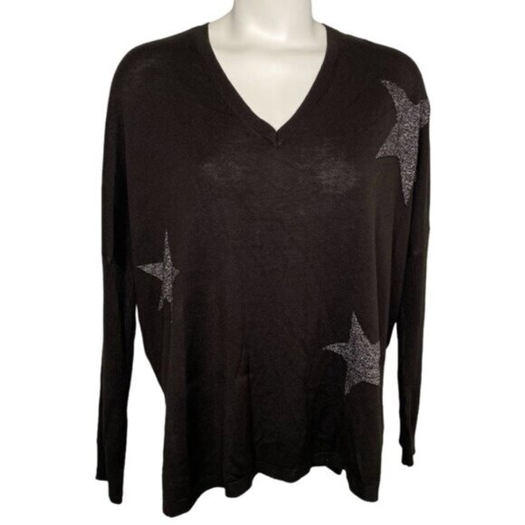 DKNY Lightweight Sweater Top Women's SMALL Black Silver Stars V-Neck Relaxed NEW - Picture 2 of 13